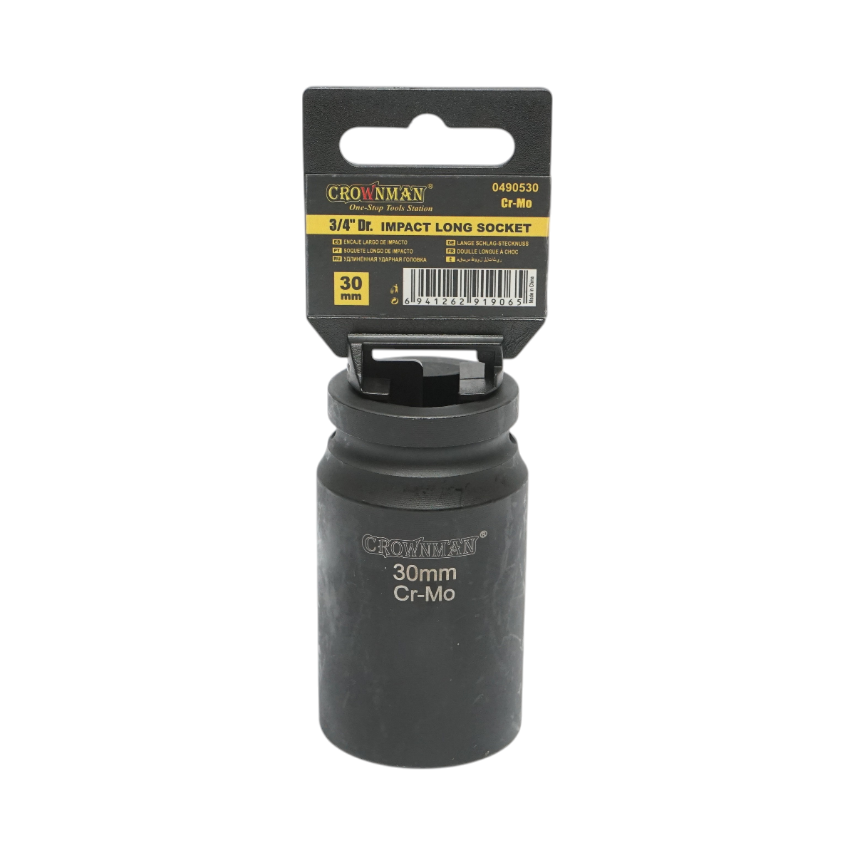 30mm long impact socket, 3/4 inch square, made of Cr-Mo, DIN 3121 standard, Crownman industrial.